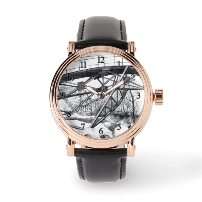 古代のフットブリッジペンシラートモノクロ 腕時計 (正面)