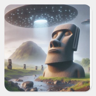 古代の出会い:モアイ像とUFO スクエアシール