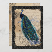 古代の孔雀の5x7のSave the Dateカード ブラック/タン セーブザデート (正面/裏面)