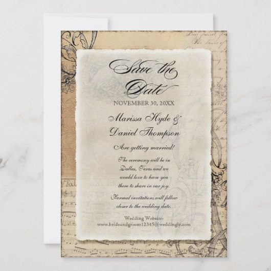 古代の孔雀は日付カードを保存 – 黒nタン 招待状 (裏面)