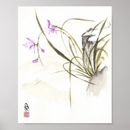古代の岩畔の蘭 中国水墨画 P ポスター