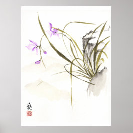 古代の岩畔の蘭 中国水墨画 P ポスター