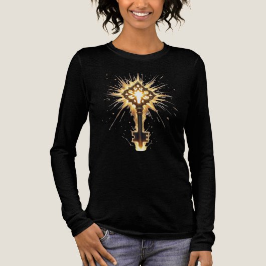 古代の幻想的な鍵 神秘的な光を放つ – ラディアントE トライブレンドTシャツ (正面)
