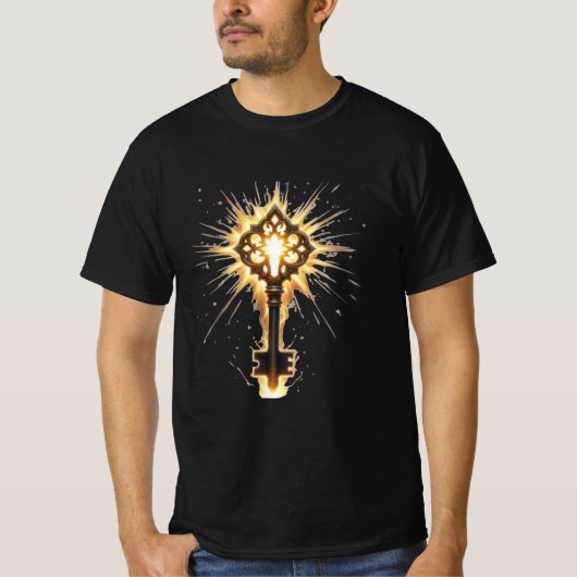 古代の幻想的な鍵 神秘的な光を放つ – ラディアントE Tシャツ (正面)