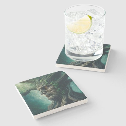 古代の木の神秘的な森のワイズ顔 ストーンコースター (横)