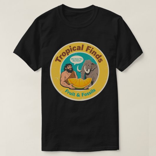 古代の果物を発見する原始人とマンモス レトロなデザイン Tシャツ (デザイン正面)