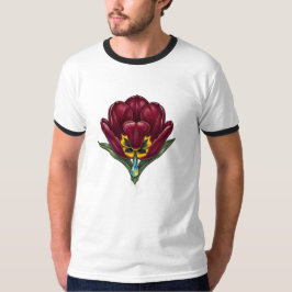 古代の植物学的な赤い花のモチーフ メンズTシャツ Tシャツ
