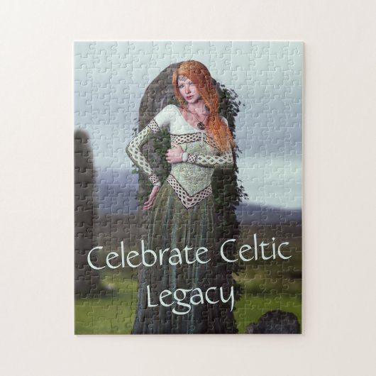 古代の石の前でポーズをとるケルト人の女性 ジグソーパズル (縦)