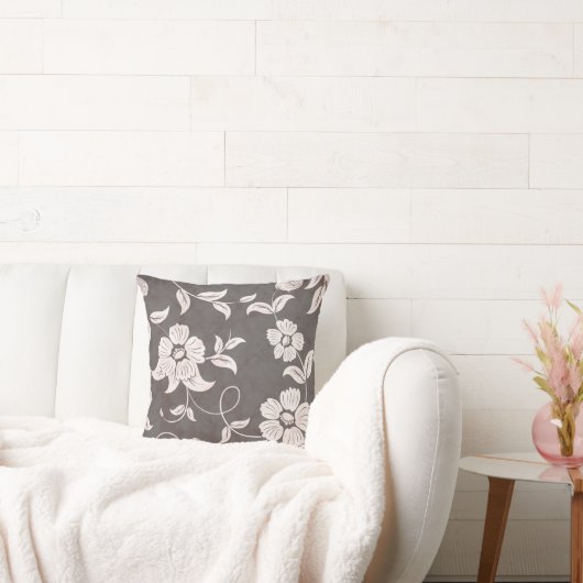 古代の茶色の黒いヴィンテージ白い花 クッション (ソファ)