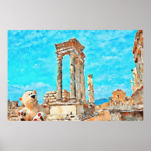 古代の遺跡で水彩色のテディベア