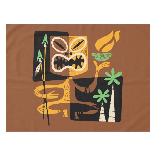 古代の部族の儀式：火と槍を持つ人 テーブルクロス (正面(横))