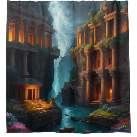 古代の風呂屋 - 神話のプール シャワーカーテン (正面)