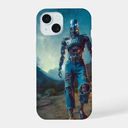 古代の風景の中の未来的ロボット iPhone 15ケース (裏面)