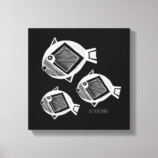 古代の魚の白いインクの黒いキャンバス キャンバスプリント (正面)