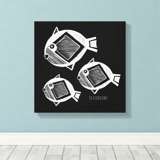 古代の魚の白いインクの黒いキャンバス キャンバスプリント (インサイチュ (ウッドフロア))