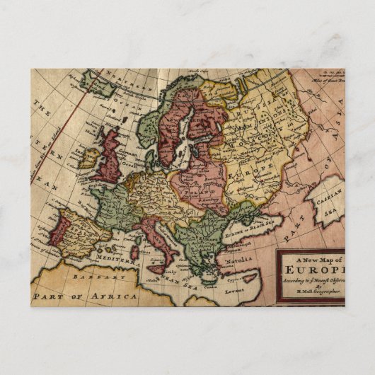 古代の1721年のヨーロッパの地図by Herman Moll ポストカード (正面)