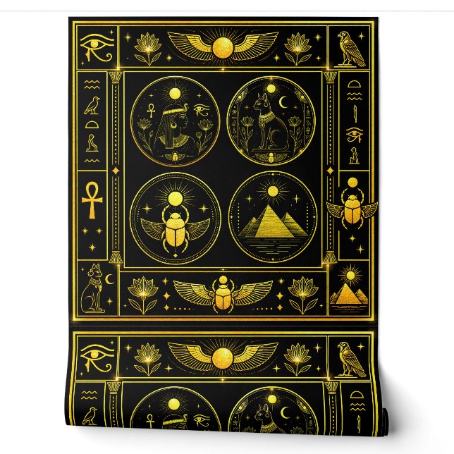 古代エジプトのシンボル ブラックゴールド パターン ラグジュアリー 壁紙 (ほどく)