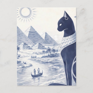 古代エジプトのバステト 猫とピラミッド ブルー ポストカード