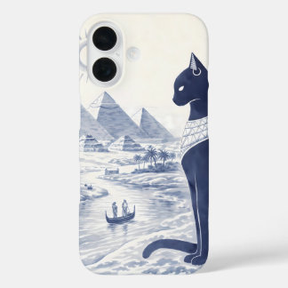 古代エジプトのバステト 猫とピラミッド ブルー iPhone 16ケース