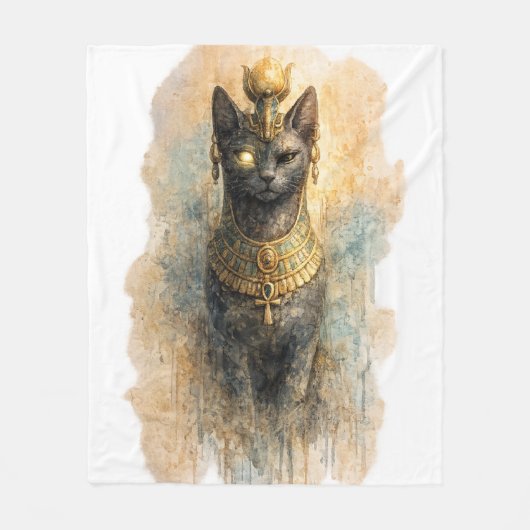 古代エジプトのバステト 猫の女神 水彩画アート フリースブランケット (正面)