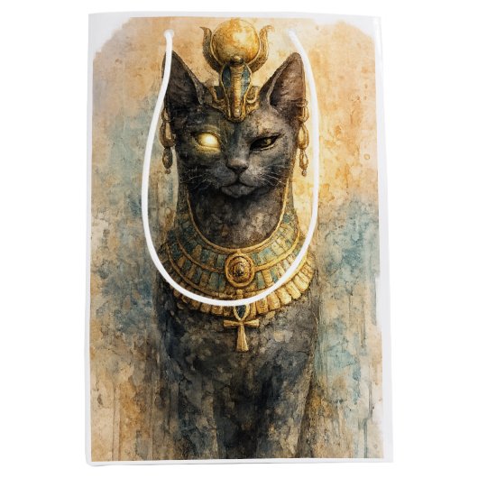 古代エジプトのバステト 猫の女神 水彩画アート ミディアムペーパーバッグ (正面)