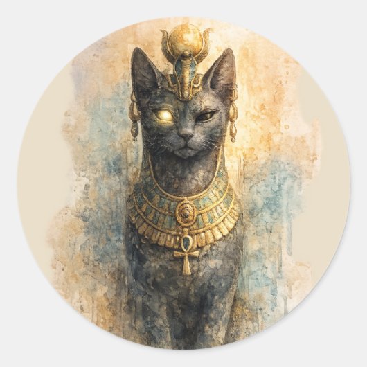 古代エジプトのバステト 猫の女神 水彩画アート ラウンドシール (正面)