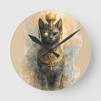 古代エジプトのバステト 猫の女神 水彩画アート ラウンド壁時計