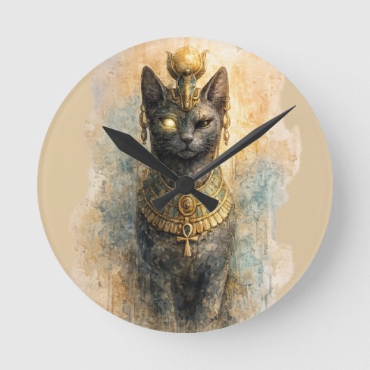 古代エジプトのバステト 猫の女神 水彩画アート ラウンド壁時計 (正面)