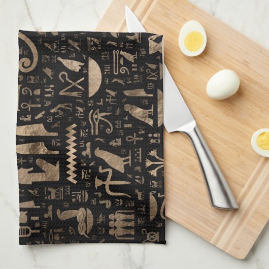 古代エジプトのヒエログリフ-黒および金ゴールド キッチンタオル (四つ折り)