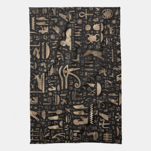 古代エジプトのヒエログリフ-黒および金ゴールド キッチンタオル (縦)