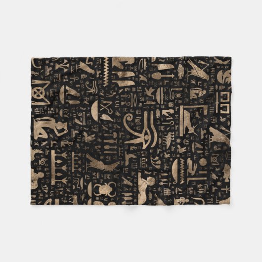 古代エジプトのヒエログリフ-黒および金ゴールド フリースブランケット (正面(横))