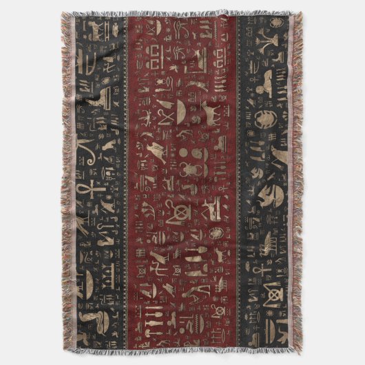古代エジプトのヒエログリフ-黒く赤い革 スローブランケット (正面縦)