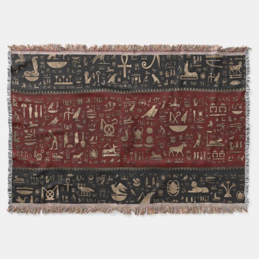 古代エジプトのヒエログリフ-黒く赤い革 スローブランケット (正面)
