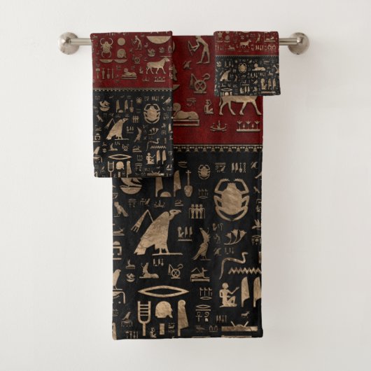 古代エジプトのヒエログリフ-黒く赤い革 バスタオルセット (インサイチュ)