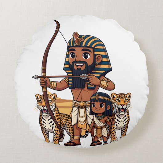 古代エジプトのヒョウ狩り ラウンドクッション (正面)