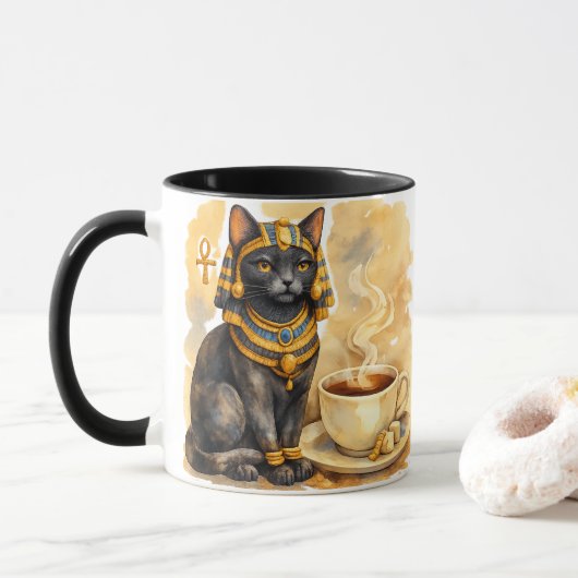 古代エジプトの猫 神秘的なバステトアート マグカップ (ドーナツ)
