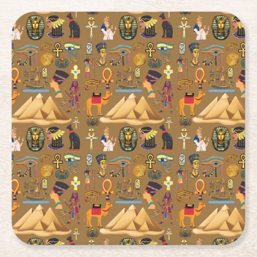 古代エジプトの象形文字シンボルパターン  スクエアペーパーコースター (正面)