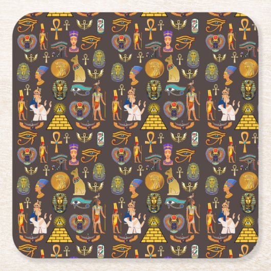 古代エジプトの象形文字パターン記号 スクエアペーパーコースター (正面)