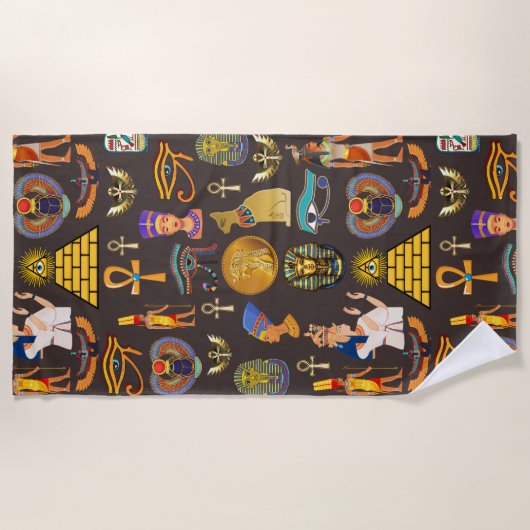 古代エジプトの象形文字パターン記号 ビーチタオル (正面)