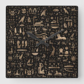 古代エジプトの象形文字 – 黒と金ゴールド スクエア壁時計 (正面)
