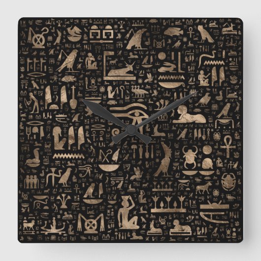古代エジプトの象形文字 – 黒と金ゴールド スクエア壁時計 (正面)
