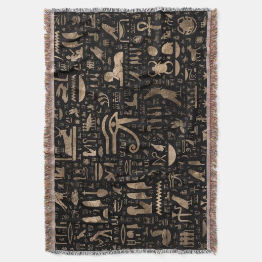 古代エジプトの象形文字 – 黒と金ゴールド スローブランケット (正面縦)