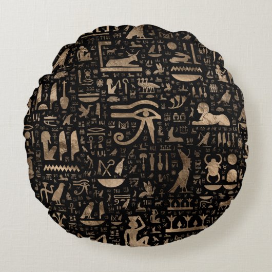 古代エジプトの象形文字 – 黒と金ゴールド ラウンドクッション (正面)