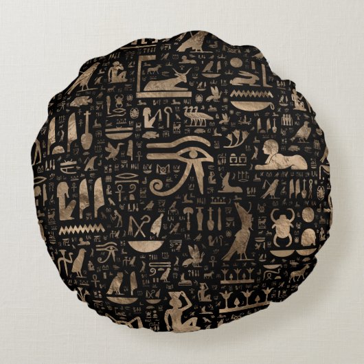 古代エジプトの象形文字 – 黒と金ゴールド ラウンドクッション (裏面)