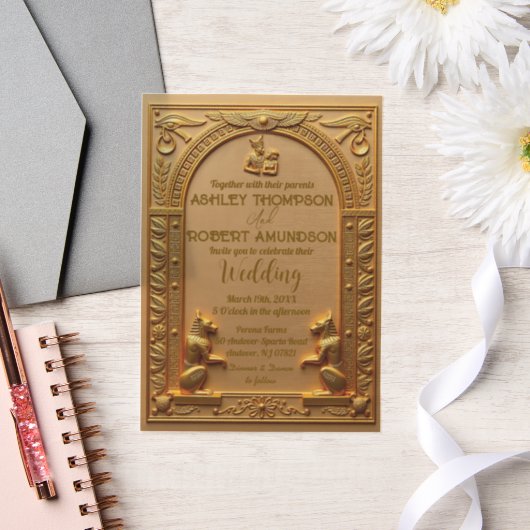 古代エレガントエジプト金ゴールド結婚ズ ベラム紙招待状 (ウェディング)