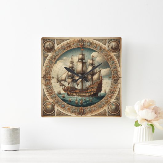 古代オランダ(オランダ)セーリング船2 スクエア壁時計 (ホーム)