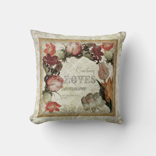 古代ガーデンヴィンテージフローラチューリップバラヘルボア クッション (正面)