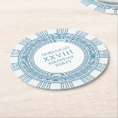 古代ギリシャをテーマにした青いパターンのパーティー ラウンドペーパーコースター (アングル)