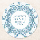 古代ギリシャをテーマにした青いパターンのパーティー ラウンドペーパーコースター (正面)