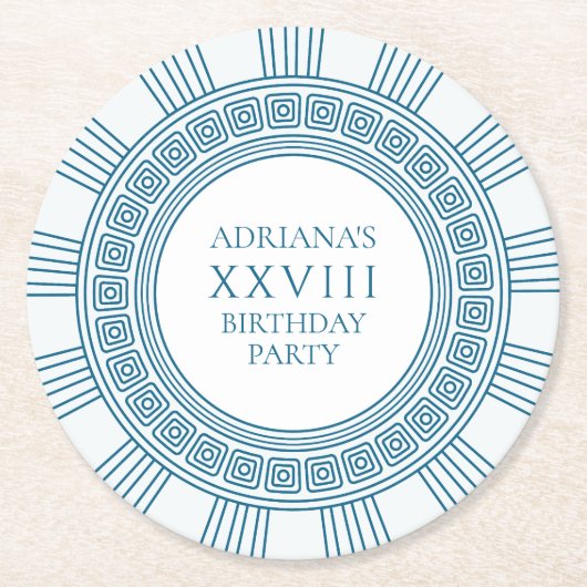古代ギリシャをテーマにした青い模様のパーティー ラウンドペーパーコースター (正面)